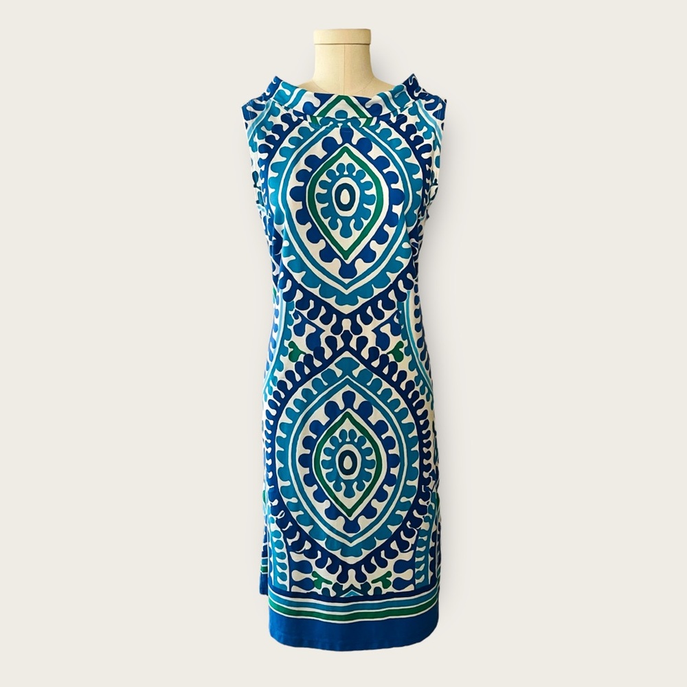 Barbara Erickson Resort Blue & White Mosaic Print Sleeveless Knit Dress Size XL